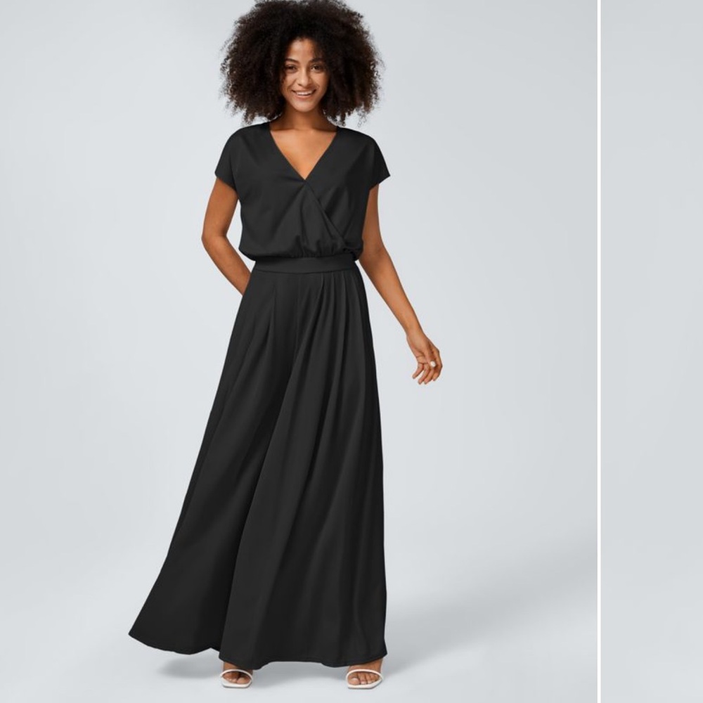 NWT Halara Black Short Sleeve Wide Leg Flowy Waffle Jumpsuit Pockets Size L Read